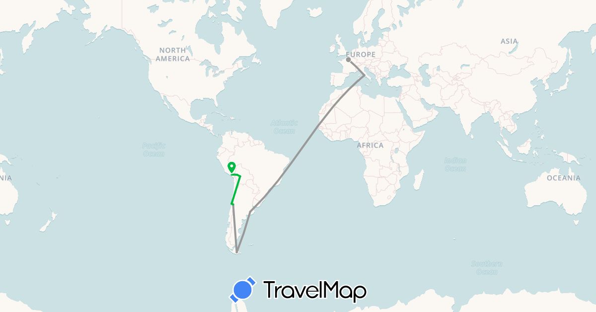 TravelMap itinerary: driving, bus, plane in Argentina, Bolivia, Chile, France, Italy, Peru (Europe, South America)